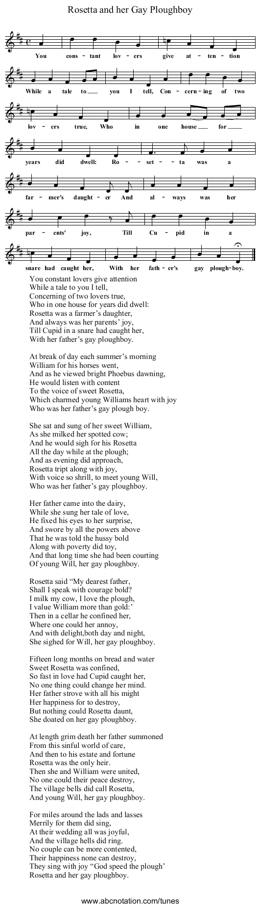 Rosetta and her Gay Ploughboy - staff notation