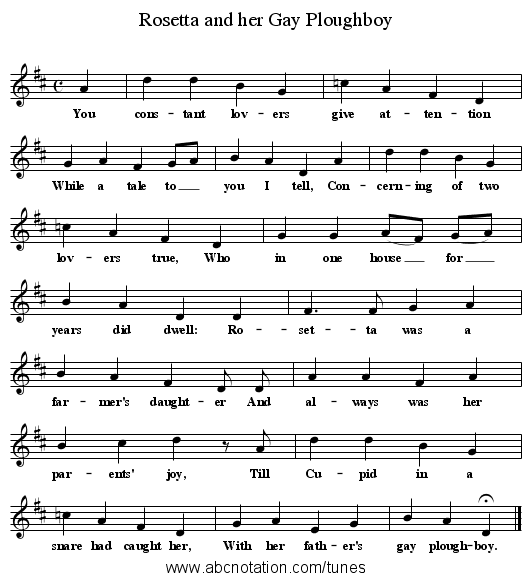Rosetta and her Gay Ploughboy - staff notation