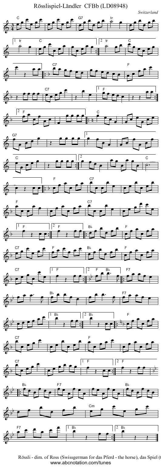 R&ouml;sslispiel-L&auml;ndler  CFBb (LD08948) - staff notation