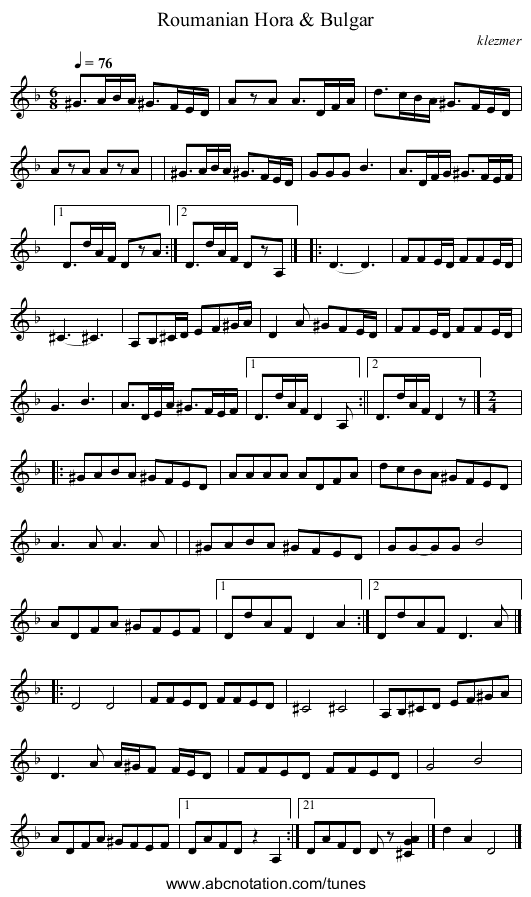 Roumanian Hora & Bulgar - staff notation