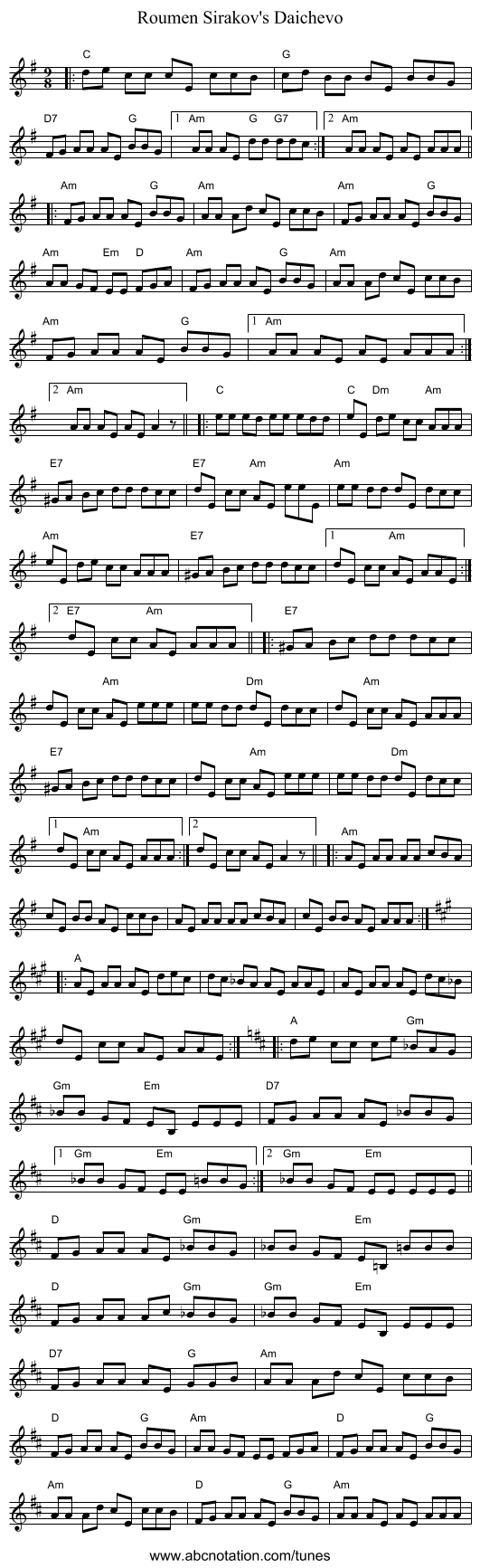 Roumen Sirakov's Daichevo - staff notation