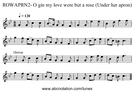 ROWAPRN2- O gin my love were but a rose (Under her apron) - staff notation