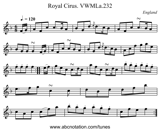 Royal Cirus. VWMLa.232 - staff notation
