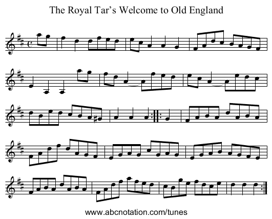 Royal Tar’s Welcome to Old England, The - staff notation