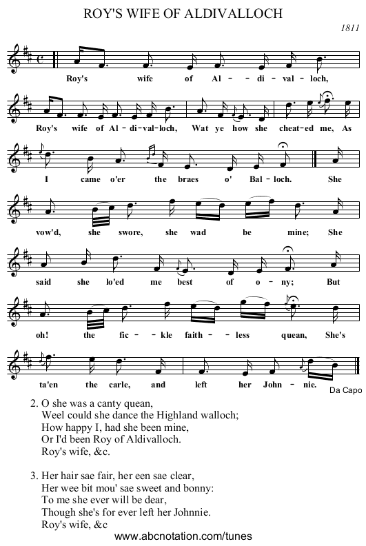 ROY'S WIFE OF ALDIVALLOCH - staff notation