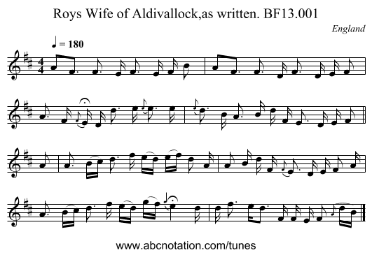 Roys Wife of Aldivallock,as written. BF13.001 - staff notation