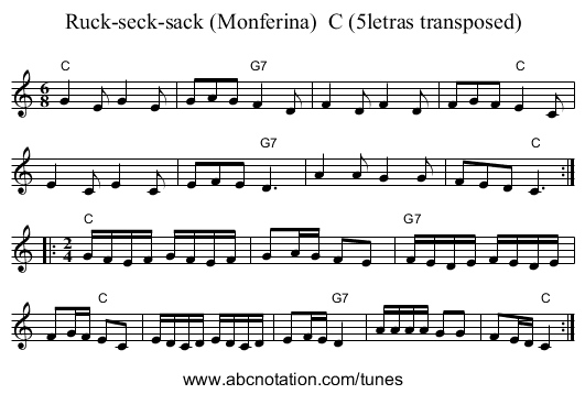Ruck-seck-sack (Monferina)  C (5letras transposed) - staff notation