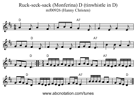 Ruck-seck-sack (Monferina) D (tinwhistle in D) - staff notation