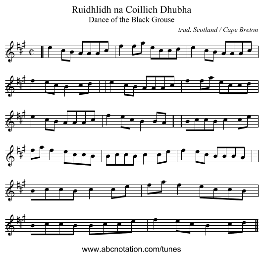 Ruidhlidh na Coillich Dhubha - staff notation