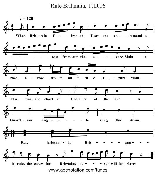 Rule Britannia. TJD.06 - staff notation