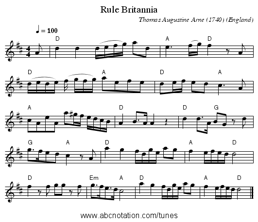 Rule Britannia - staff notation