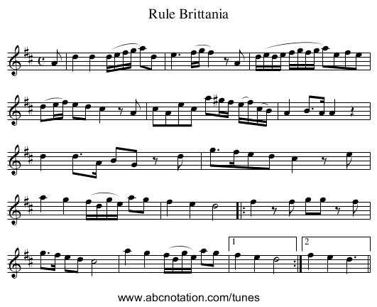 Rule Brittania - staff notation
