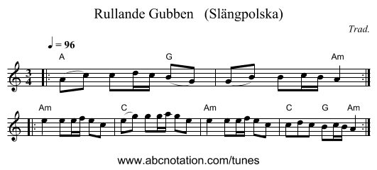 Rullande Gubben   (Sl&auml;ngpolska) - staff notation