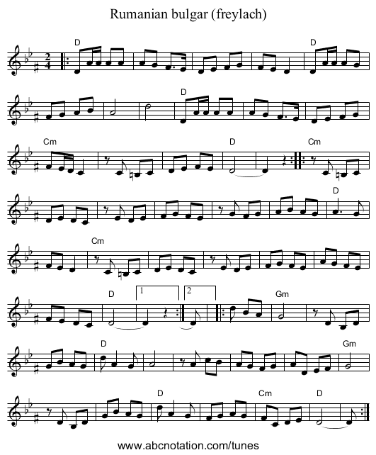 Rumanian bulgar (freylach) - staff notation