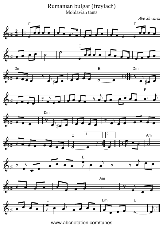 Rumanian bulgar (freylach) - staff notation