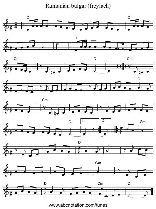 Rumanian bulgar (freylach) - staff notation