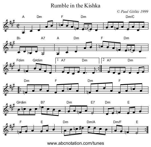 Rumble in the Kishka - staff notation