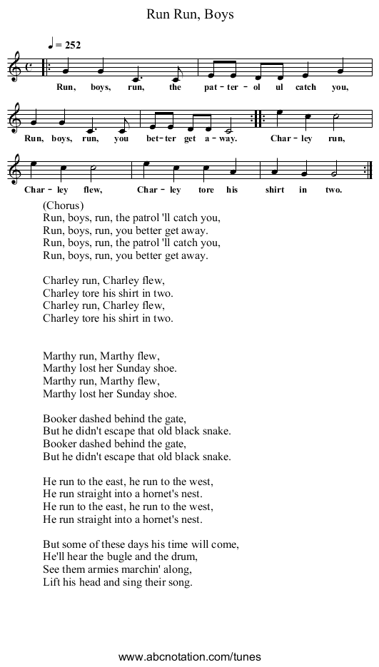 Run, Boys, Run - staff notation