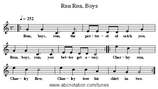 Run, Boys, Run - staff notation