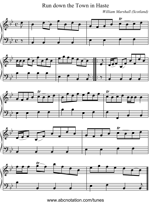 Run down the Town in Haste - staff notation
