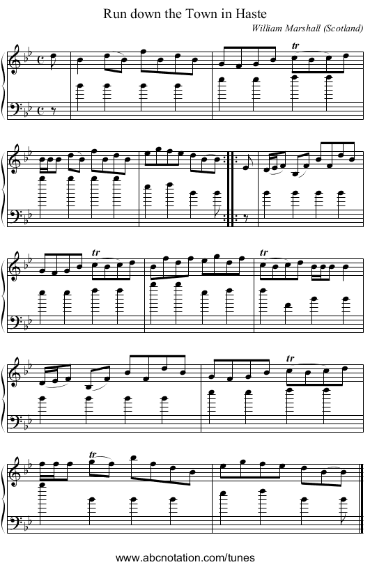 Run down the Town in Haste - staff notation
