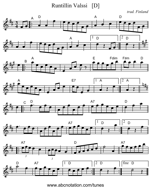 Runtillin Valssi   [D] - staff notation