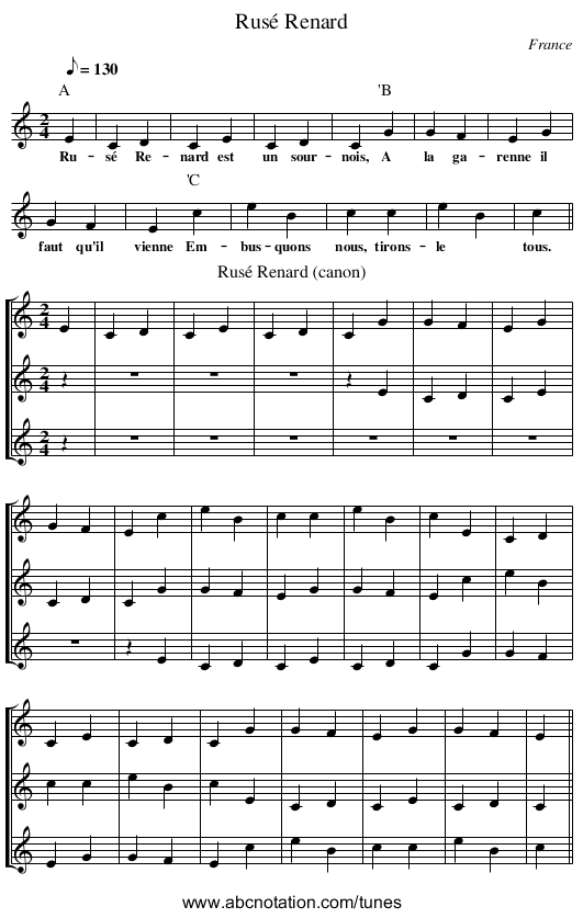 Rusé Renard - staff notation