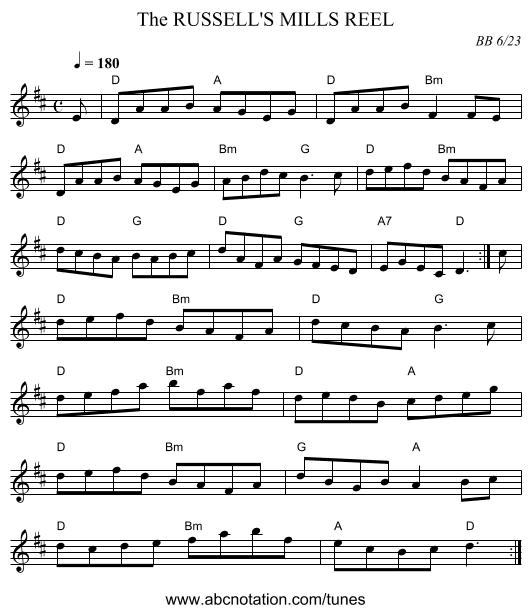 RUSSELL'S MILLS REEL, The - staff notation