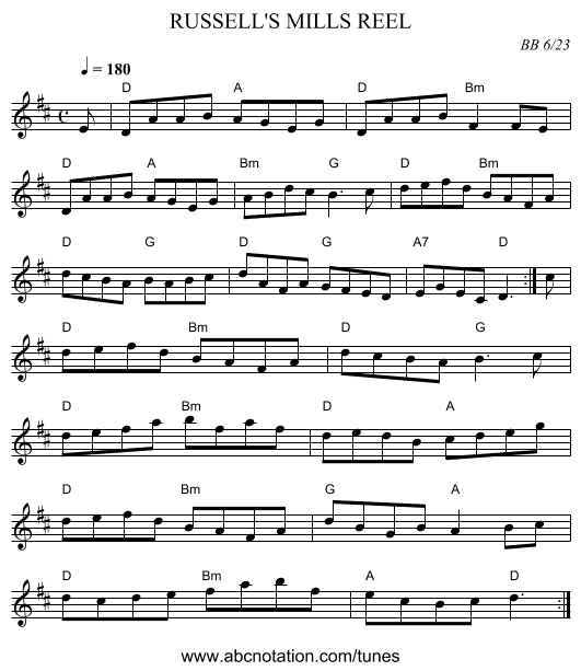RUSSELL'S MILLS REEL - staff notation