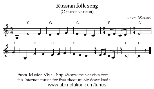 Russian folk song - staff notation