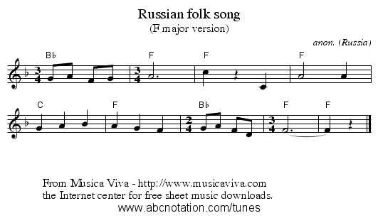 Russian folk song - staff notation