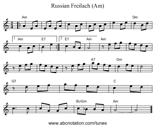 Russian Freilach (Am) - staff notation
