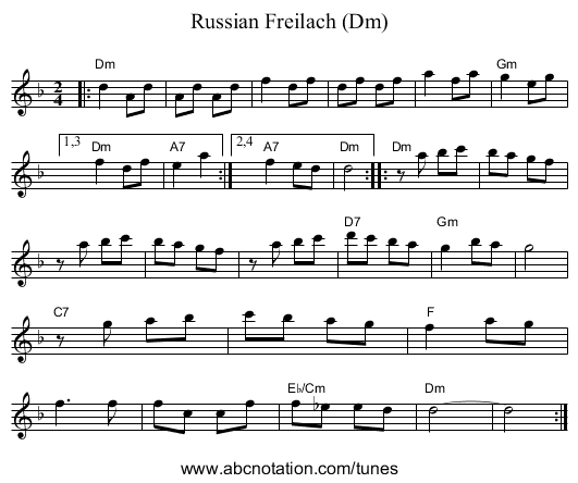 Russian Freilach (Dm) - staff notation