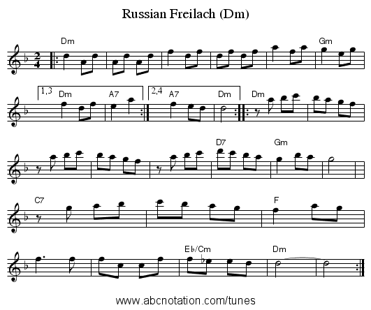 Russian Freilach (Dm) - staff notation