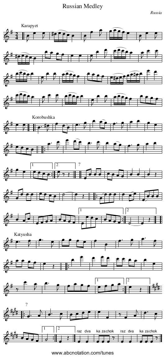 Russian Medley - staff notation