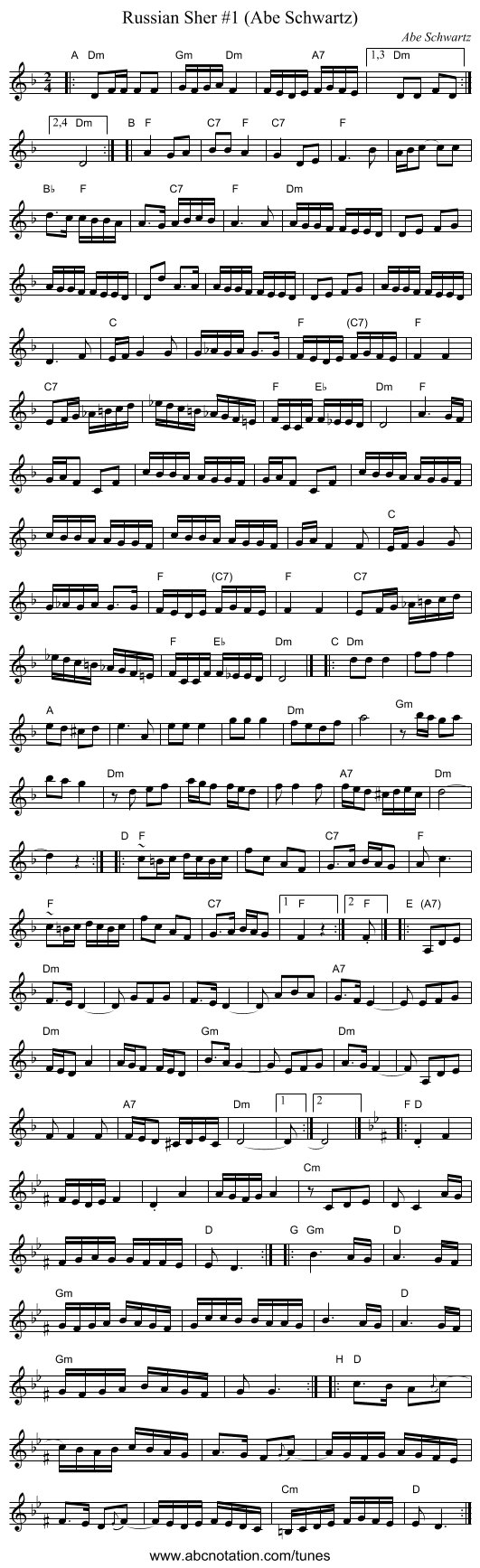 Russian Sher #1 (Abe Schwartz) - staff notation