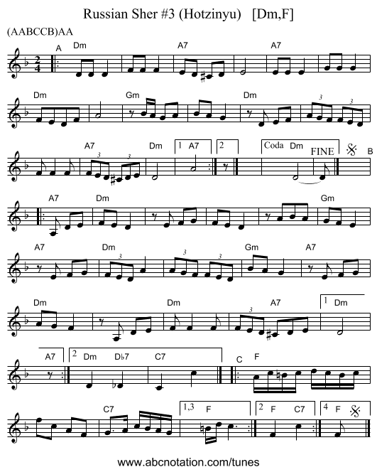 Russian Sher #3 (Hotzinyu)   [Dm,F] - staff notation