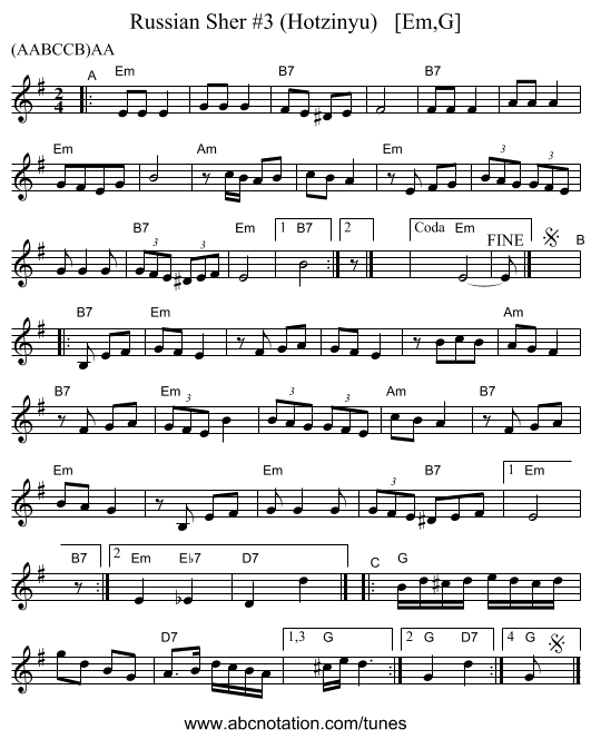 Russian Sher #3 (Hotzinyu)   [Em,G] - staff notation