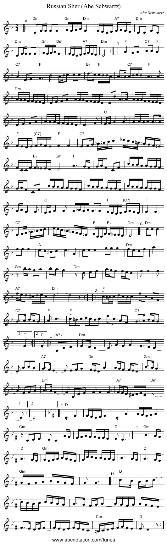 Russian Sher (Abe Schwartz) - staff notation