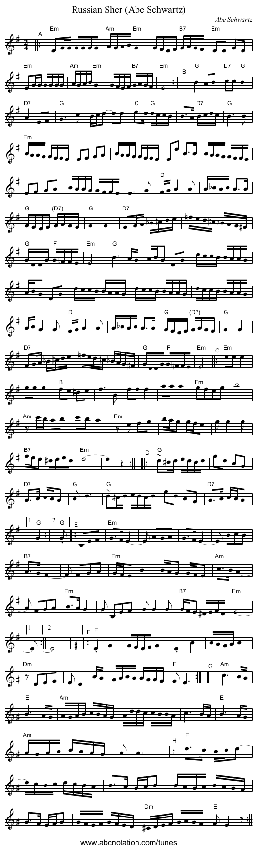 Russian Sher (Abe Schwartz) - staff notation