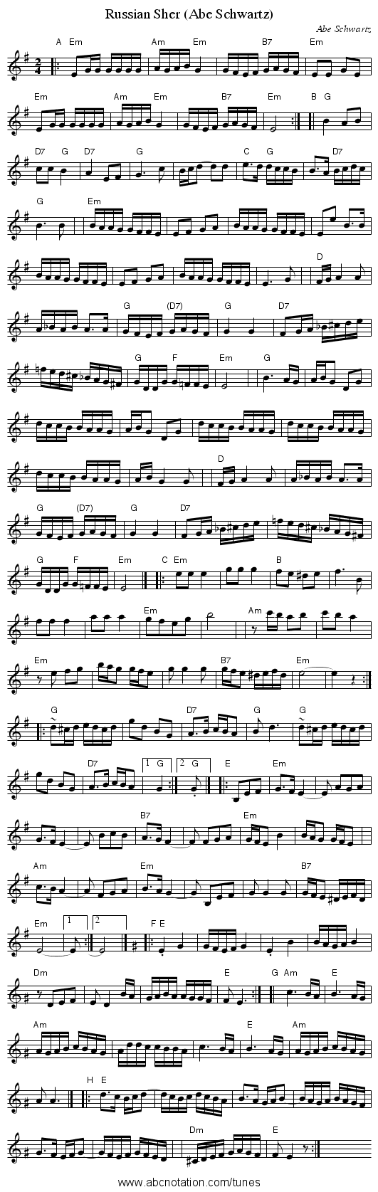 Russian Sher (Abe Schwartz) - staff notation