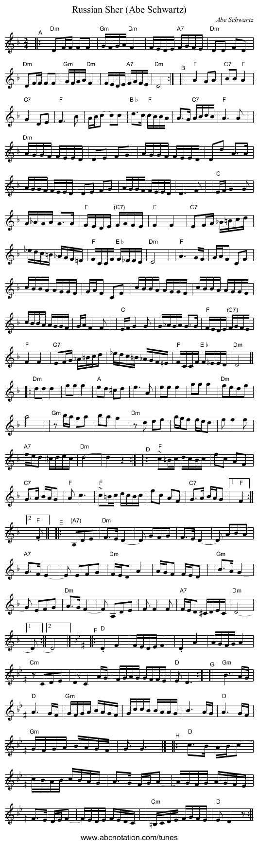 Russian Sher (Abe Schwartz) - staff notation