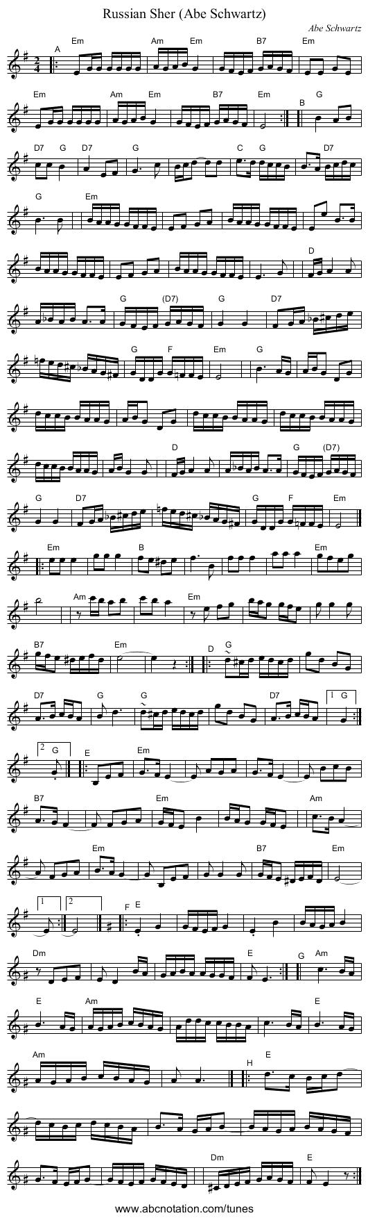Russian Sher (Abe Schwartz) - staff notation
