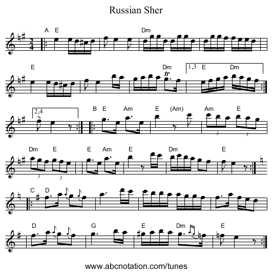 Russian Sher - staff notation