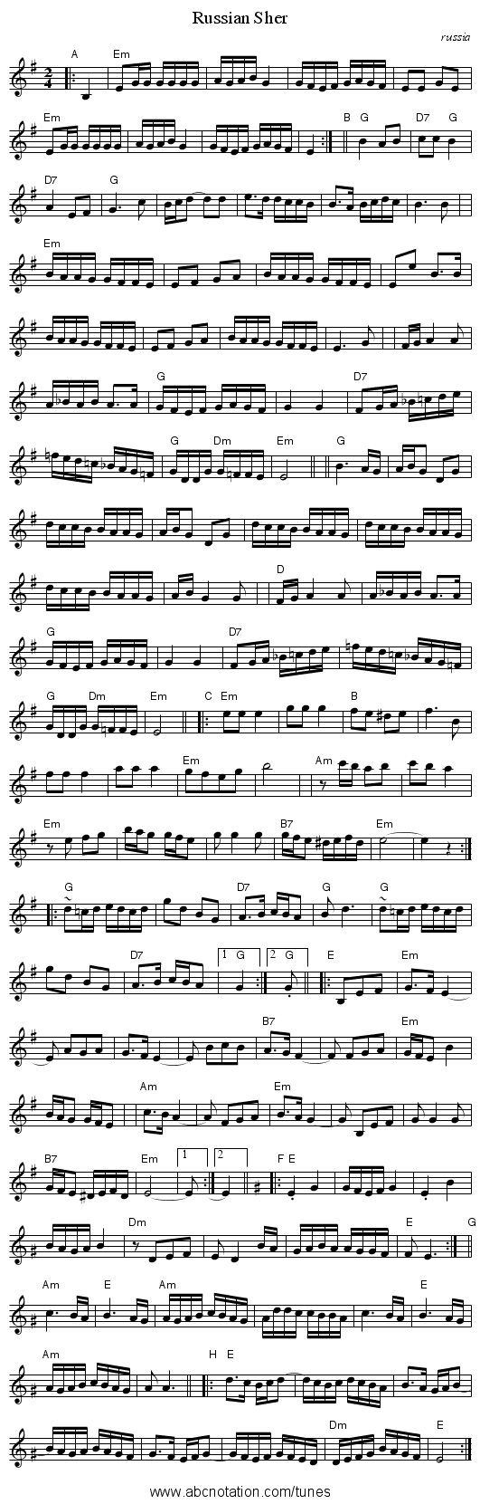 Russian Sher - staff notation
