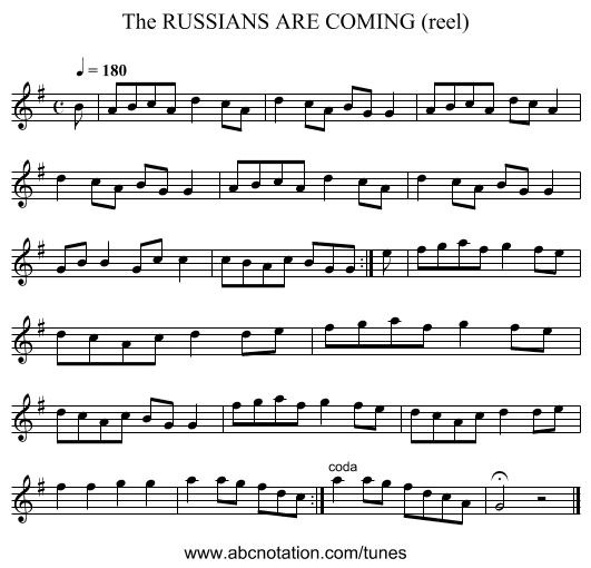 RUSSIANS ARE COMING (reel), The - staff notation