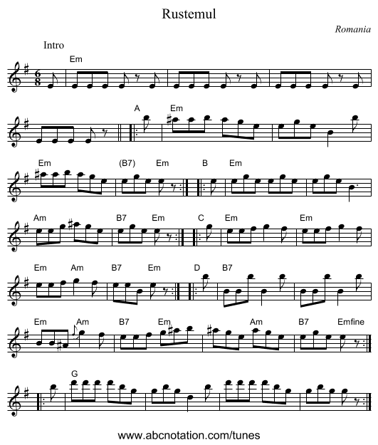 Rustemul - staff notation