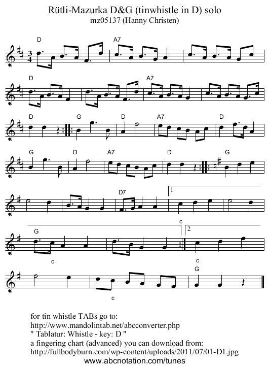 R&uuml;tli-Mazurka D&G (tinwhistle in D) solo - staff notation