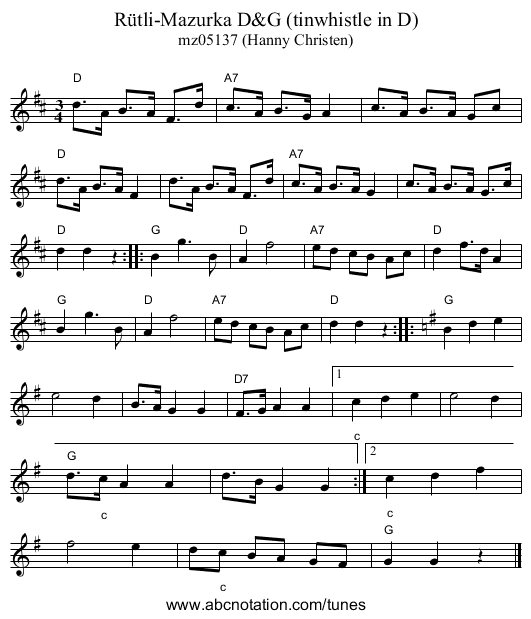 R&uuml;tli-Mazurka D&G (tinwhistle in D) - staff notation