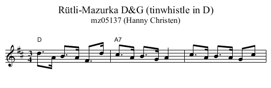 R&uuml;tli-Mazurka D&G (tinwhistle in D) - staff notation
